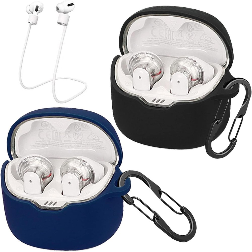 [2 Pack] easyBee Case Compatible with JBL Tune Flex Bluetooth Headphone Charging Cover, with 2 Keychain and 2 Anti-Lost Strap, Soft Liquid Silicone Ultra Thin Shockproof Protective Kit - Black Blue