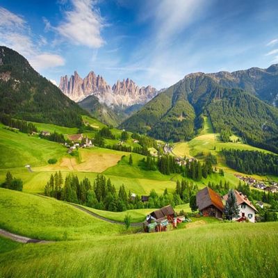 BELECO 10x6.5ft Fabric Dolomites Alps Mountain Nature Backdrop Picturesque Green Hills Village Grassland Photography Background Bridal Shower Wedding Photo Banner Wallpaper Outdoor Camping Backdrop
