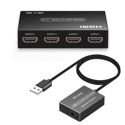 HDMI Splitter 1 in 4 Out, USB to Optical Spdif Toslink & 3.5mm Audio Adapter Converter