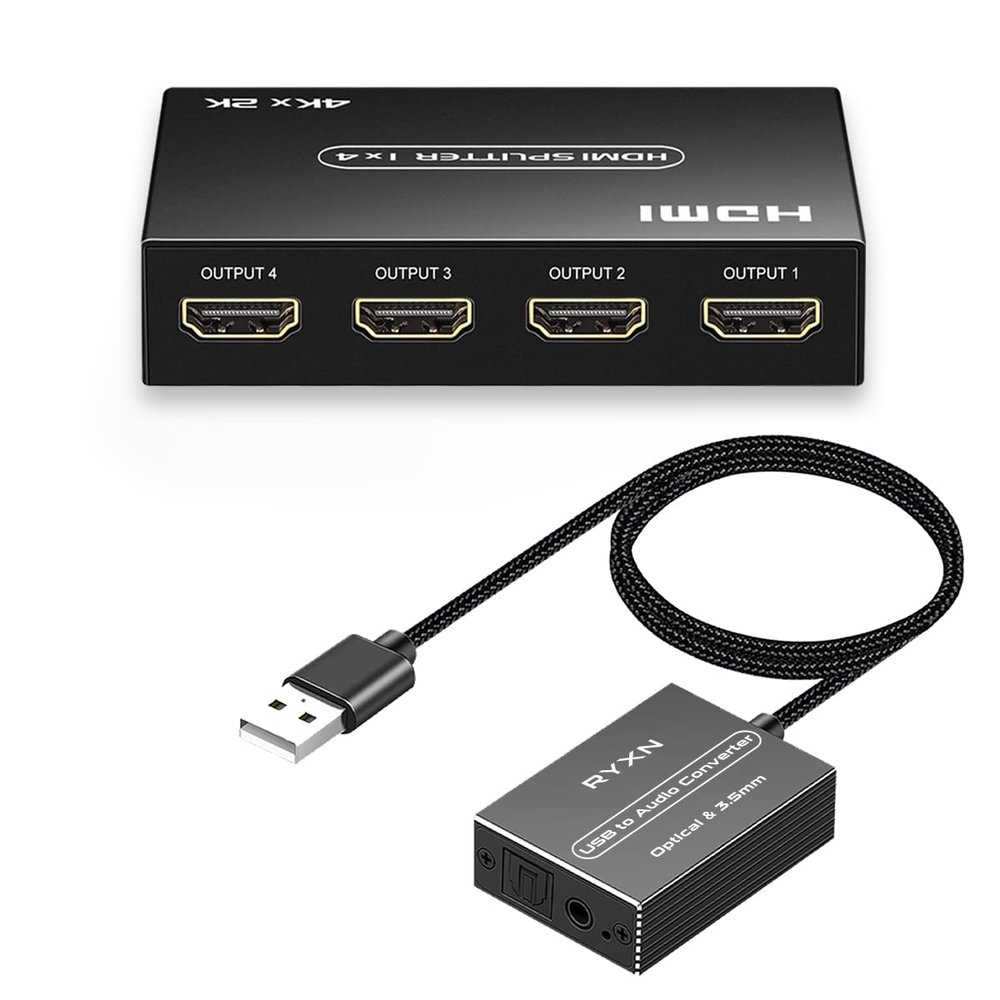 HDMI Splitter 1 in 4 Out, USB to Optical Spdif Toslink & 3.5mm Audio Adapter Converter