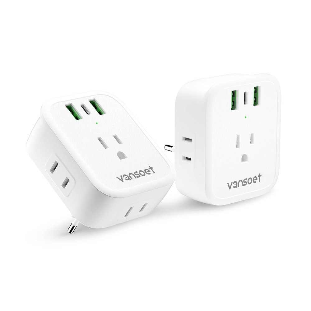 [2-Pack] European Travel Plug Adapter, International Power Plug Adapter with USB C 20W 4 Outlets 3 Fast Charge Ports (PD&QC), Type C Plug Adapter Travel Essentials to Europe Spain Italy France Germany