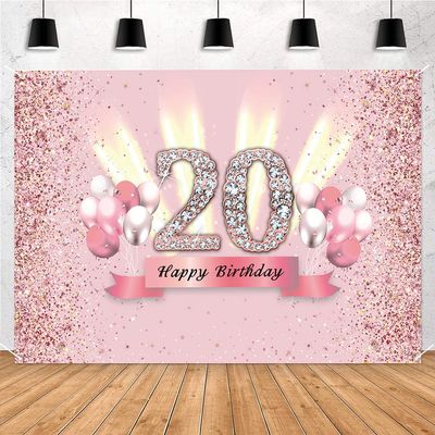 20th Birthday Decorations for Women 20 Years Old Anniversary Party Fabric Sign Poster Pink Photo Background 20th Birthday Party Supplies, 59"x35.4"