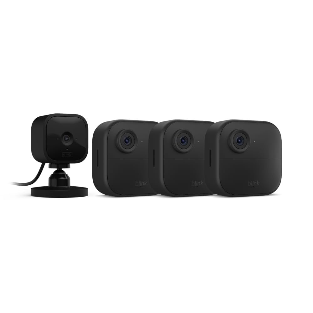 Blink Outdoor 4 (4th Gen) + Blink Mini  Smart security camera, two-way talk, HD live view, motion detection, set up in minutes, Works with Alexa  3 camera system + Mini (Black)