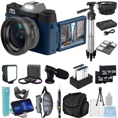 Acuvar 4K 56MP Digital Camera Kit for Photography, Vlogging for YouTube w/Flip Screen, WiFi, Wide Angle Lens, Filters, 2X 64GB Micro SD Cards, 50" Tripod, Case, Card Reader, Microphone, LED & More