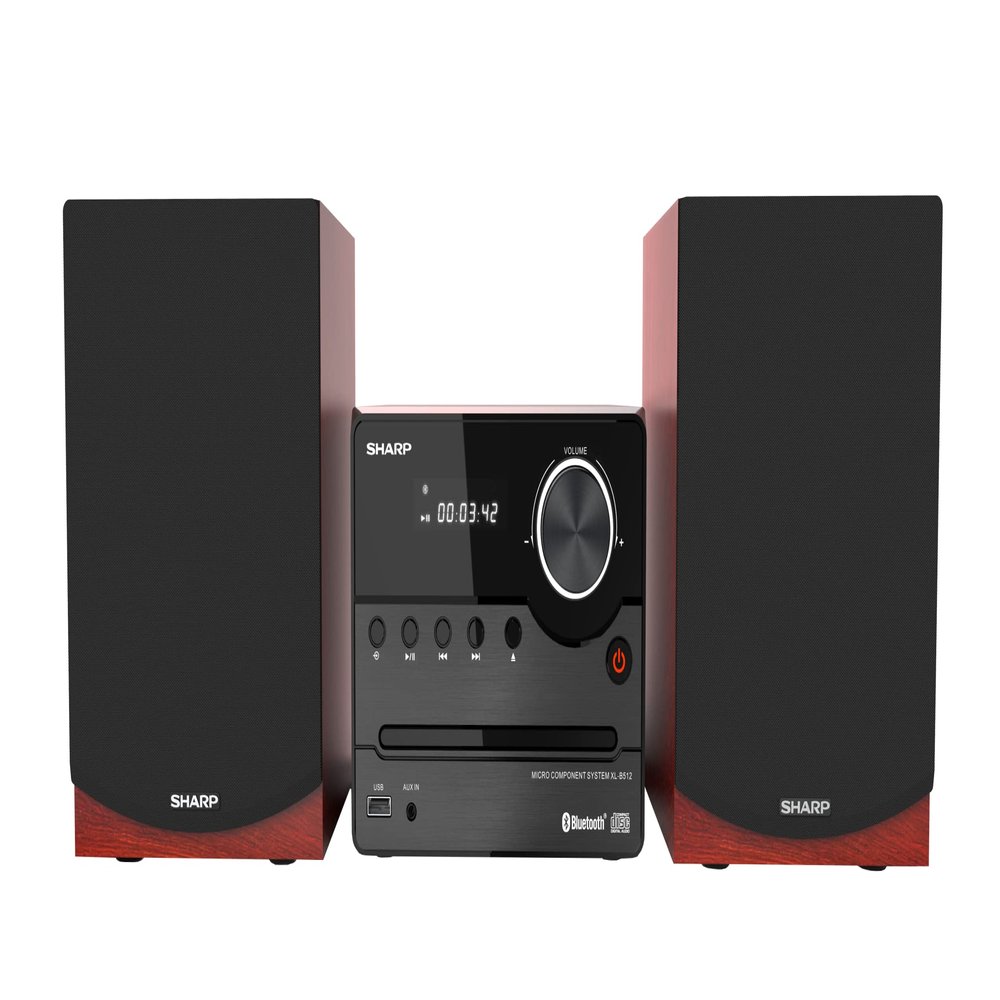Sharp XL-B512 Micro Component Wireless Bluetooth Audio Streaming & CD Player Wood Speaker System + Remote, USB Port, MP3 Playback, FM Stereo Digital Tuner, Aux Input, Brown Oak