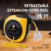 EP Retractable Extension Cord Reel,75 Feet 14 AWG/3C SJTOW Heavy Duty Power Cord,10 AMP Circuit Breaker, 3-Lighted Triple Outlets,Ceiling or Wall Mount Use Indoor, Yellow view 2