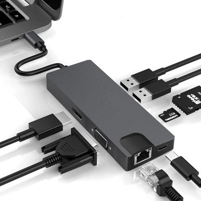 FDBV Docking Station USB Type C Hub Adapter 8 in 1 RJ45 1000M Gigabit Ethernet PD Charging HDMI 4K VGA 2*USB3.0 SD/TF Multi-Function for Windows 7/8 / 8.1/10, macOS X v10.0 or Above