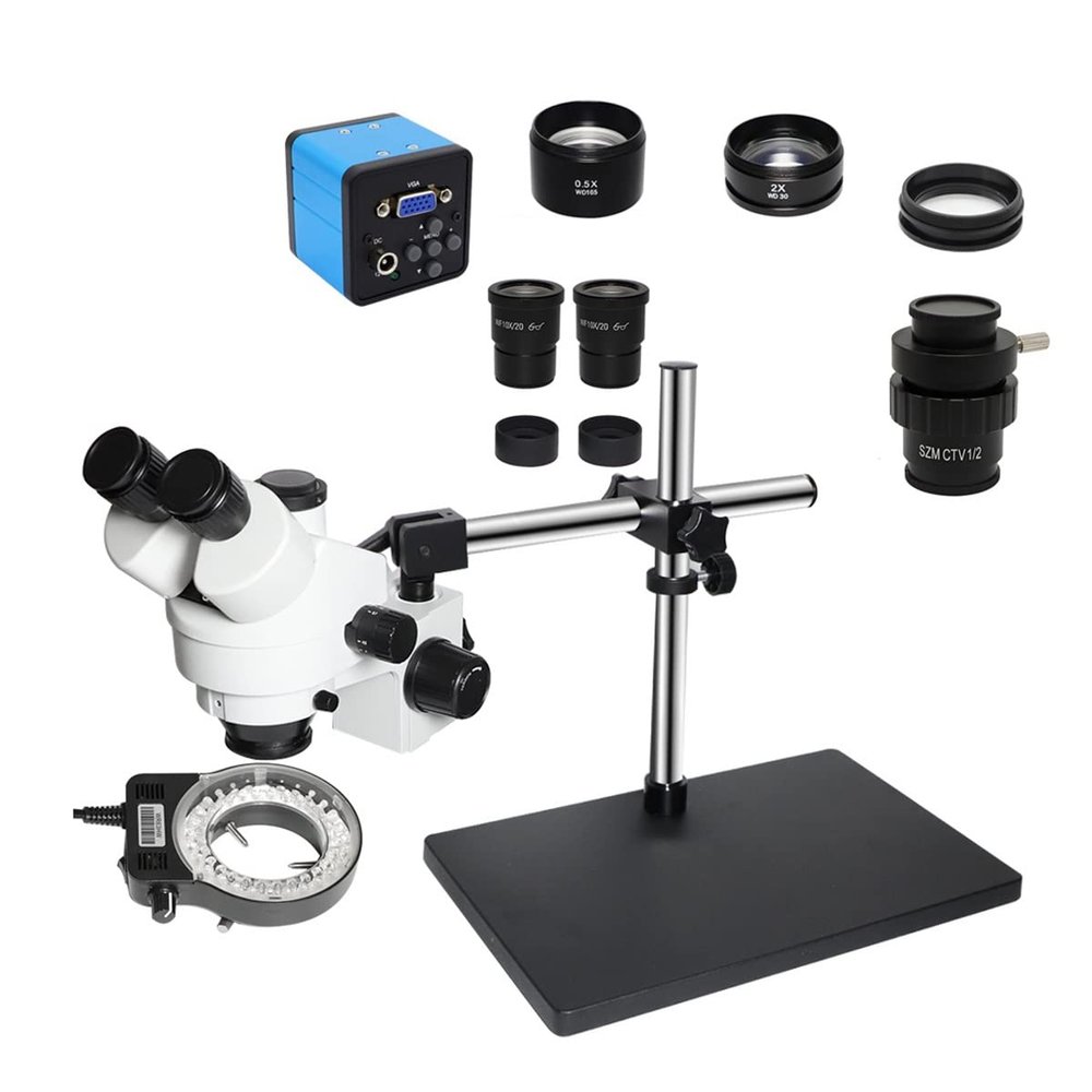 Microscope Accessories Kit 3.5X-90X Double Arm Holder Simul Focal Trinocular Stereo Microscope 38MP H_D Digital USB Microscopio Camera for Phone PCB Repair Tool Microscope Slides (Color : VGA add CTV
