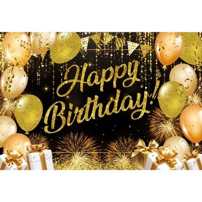 Leowefowa 10x6.5ft Happy Birthday Backdrop Balloon Fireworks Glitter Black and Gold Golden Spots Photography Background Cake Table Banner Party Photo Booth Props Portrait Photo Studio Shoot