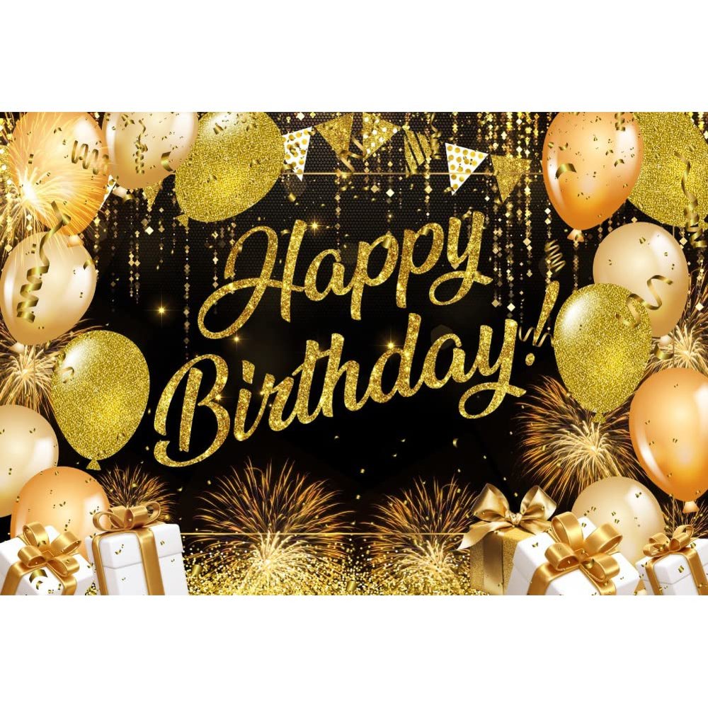 Leowefowa 10x6.5ft Happy Birthday Backdrop Balloon Fireworks Glitter Black and Gold Golden Spots Photography Background Cake Table Banner Party Photo Booth Props Portrait Photo Studio Shoot