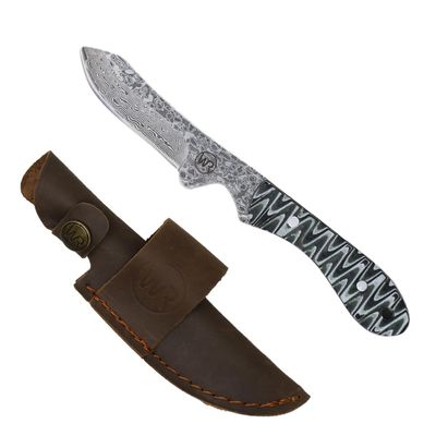 WHISKEY BENT HAT CO. Sendero Caper 440 Stainless Steel Fixed Blade Knife w/Leather Sheath (Brown Fang - Damascus Blade)