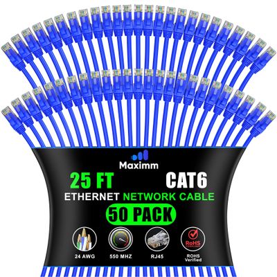 Maximm Cat 6 Ethernet Cable - 25 ft (50-Pack) - High-Speed LAN, Internet, Patch, Network Cable - UTP, 10Gbps, 550MHz Ethernet Cord - Blue