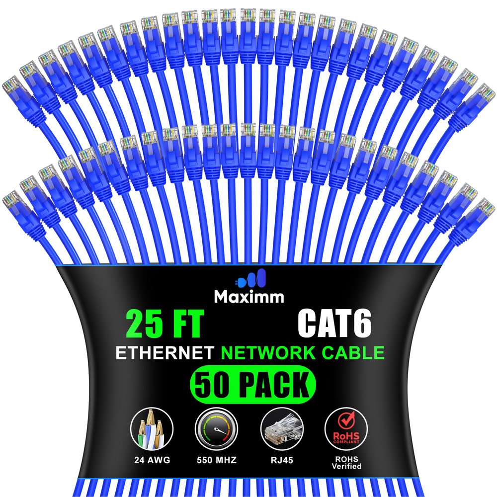 Maximm Cat 6 Ethernet Cable - 25 ft (50-Pack) - High-Speed LAN, Internet, Patch, Network Cable - UTP, 10Gbps, 550MHz Ethernet Cord - Blue
