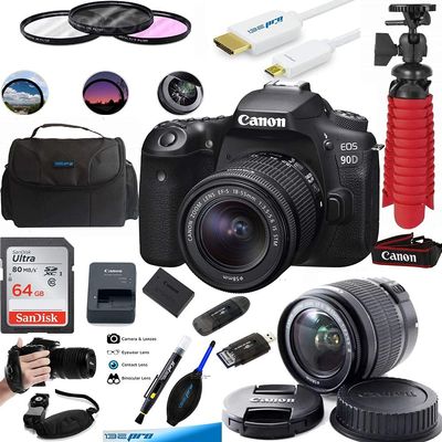 Canon EOS 90D Digital SLR Camera Body with EF-S 18-55mm f/3.5-5.6 is STM Lens - 64GB Essential Accessories Bundle (International Version) (Renewed)