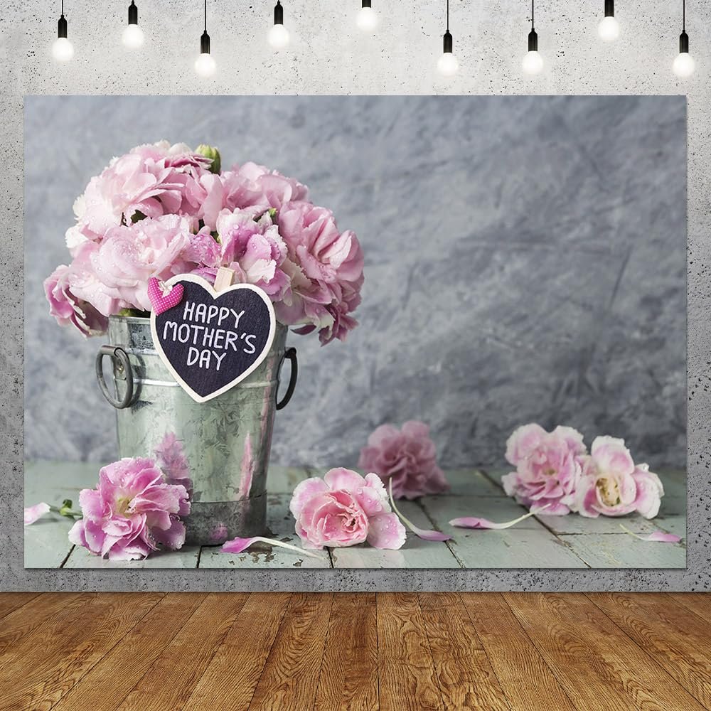 8x6FT Happy Mother's Day Backdrop Pink Carnation Gray Abstract Wood Background Thanks Mom Floral Backdrop Mothers Day Photo Booth Gratitude Theme Party Decorations