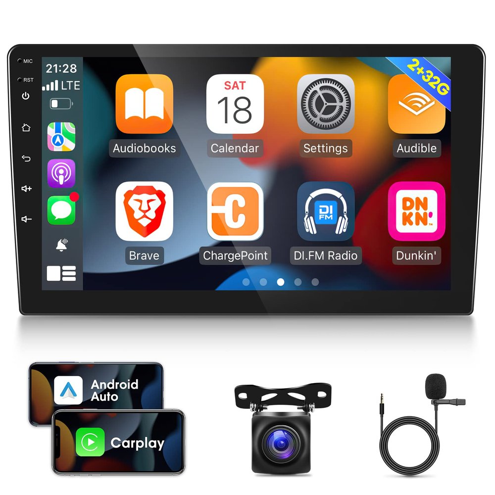 [2G+32G] 10.1 inch Android 11 Double Din Car Stereo with Wireless/Wired CarPlay and Android Auto, Touch Screen Android Radio with Mirror Link/1080P/EQ/WiFi/SWC/Bluetooth +AHD Backup Camera+MIC