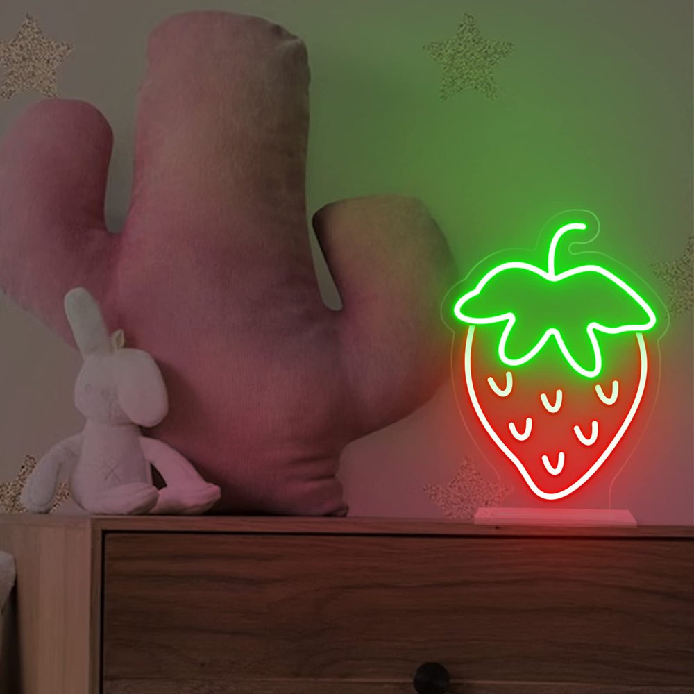 DUNACO Strawberry Neon Sign 10x7 Inch LED Desk Light for Room Tabletop Decor, Cute Fruit Night Light Handmade Dimmable Decorative Lamp for Bedroom Nursery Game Room, Birthday Gift for Kid Girl Teen