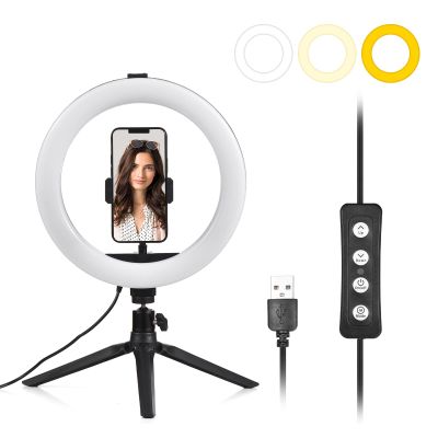 Andoer LED Ring Light with Tripod & Mobile Phone Holder, 10 Inch Selfie Ring Light, Dimmable, 3 Lighting Modes, 11 Levels, Table Ring Light for YouTube, Selfie, Live Streaming, Makeup, Photography