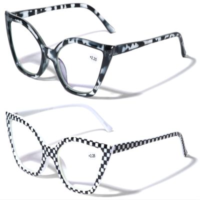 V.W.E. 2 Pairs Women Pointed Tip Cat Eye Anti-Blue Reading Glasses - Clear Lens UV Protection Computer Readers (1 Grey 1 Checker, 3.00, multiplier_x)