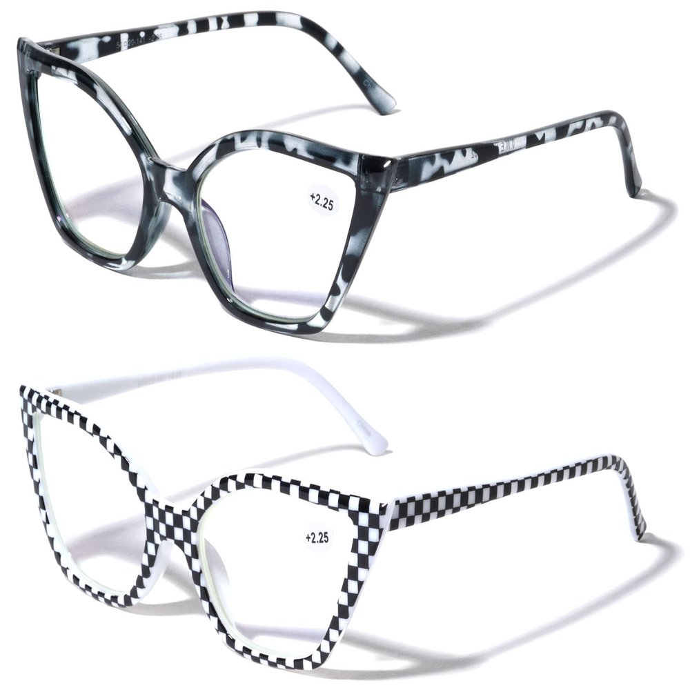 V.W.E. 2 Pairs Women Pointed Tip Cat Eye Anti-Blue Reading Glasses - Clear Lens UV Protection Computer Readers (1 Grey 1 Checker, 3.00, multiplier_x)