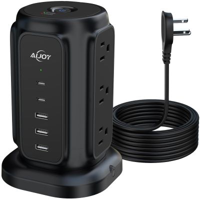 AiJoy Power Strip Tower with 9 AC Outlets and 5 USB Ports (2 USB-C), Flat Plug 1625W 6.5ft Extension Cord, 1200J Surge Protector Charging Station for Home, Office & Dorm