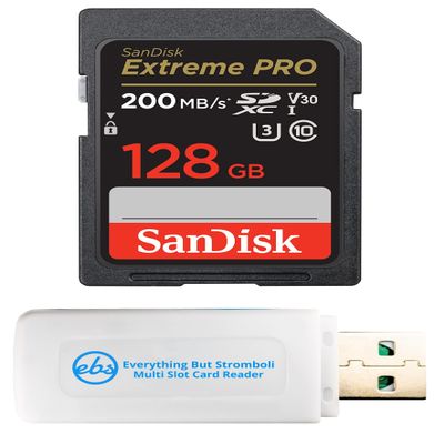 SanDisk 128GB SD Extreme Pro Memory Card Bundle Works with Nikon D3500, D7500, D5600 Camera 4K V30 U3 (SDSDXXD-128G-GN4IN) Bundle with (1) Everything But Stromboli MicroSD & SDXC Card Reader