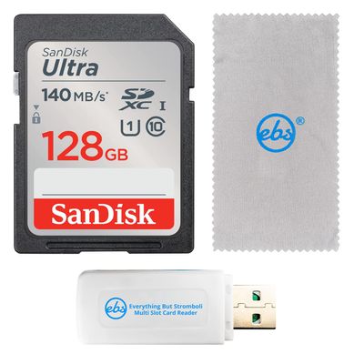 SanDisk 128GB SDXC Ultra Memory Card Works with Canon EOS Rebel T7, Rebel T6, 77D Digital Camera (SDSDUNB-128G-GN6IN) Bundle with Everything But Stromboli Multi Slot Card Reader & Micro Fiber Cloth