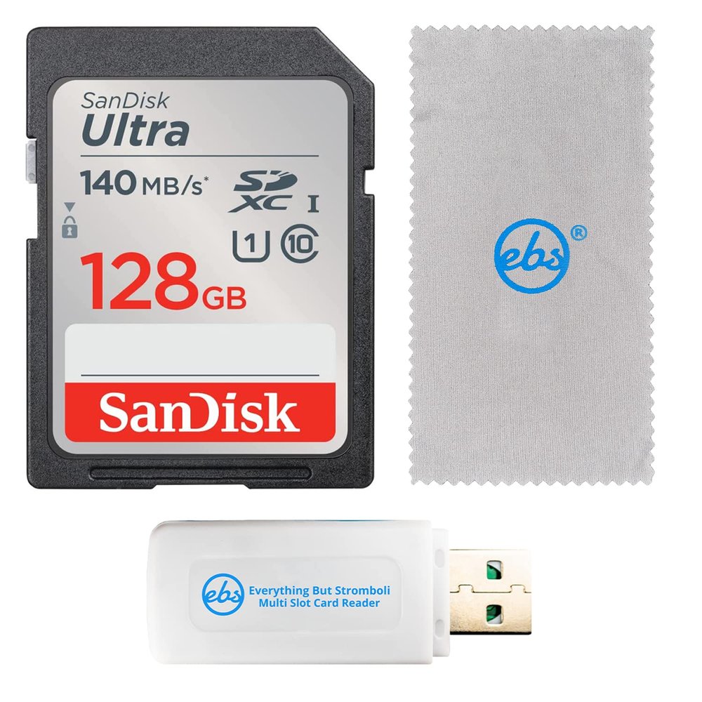 SanDisk 128GB SDXC Ultra Memory Card Works with Canon EOS Rebel T7, Rebel T6, 77D Digital Camera (SDSDUNB-128G-GN6IN) Bundle with Everything But Stromboli Multi Slot Card Reader & Micro Fiber Cloth