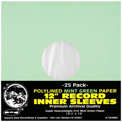 12" LP Vinyl Plastic Polylined Paper Colored Record Inner Sleeves - Heavyweight - Mint Green (25)