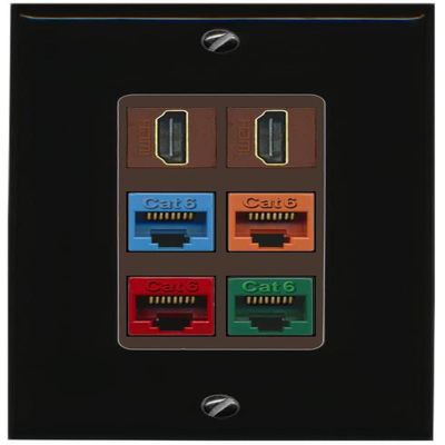 RiteAV 2 HDMI 4 Cat6 Ethernet Mixed Color Wall Plate - 1 Gang Decorative [Black/Brown]