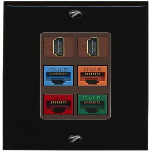 RiteAV 2 HDMI 4 Cat6 Ethernet Mixed Color Wall Plate - 1 Gang Decorative [Black/Brown]