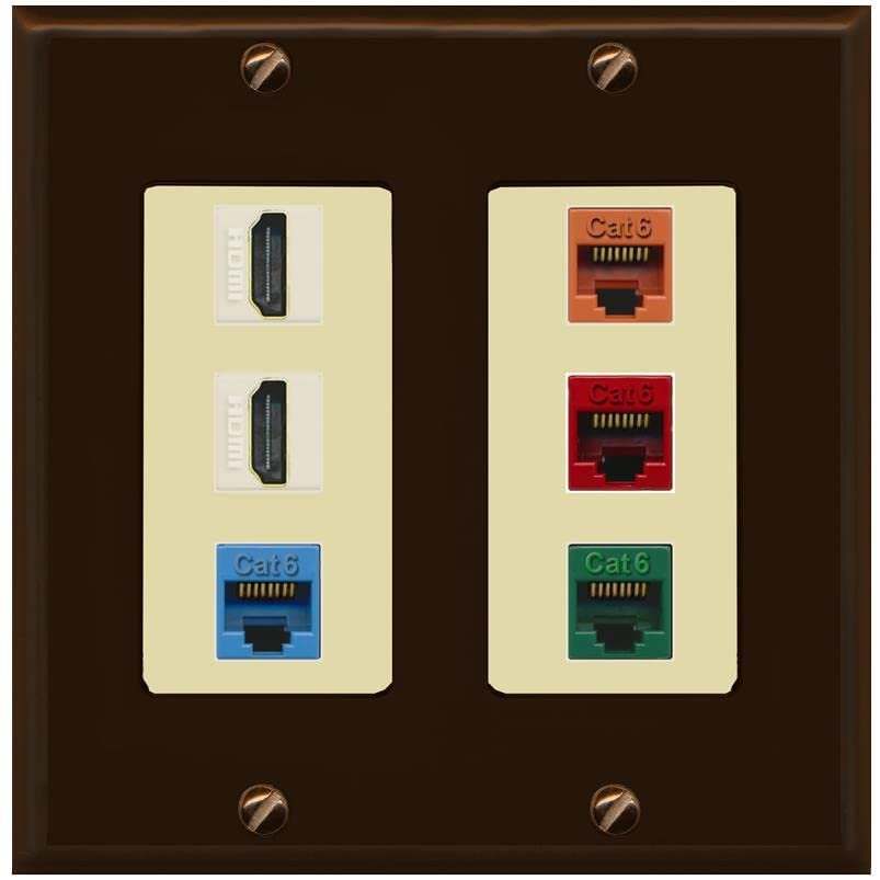 RiteAV 2 HDMI 4 Cat6 Ethernet Mixed Color Wall Plate - 2 Gang [Brown/Ivory]