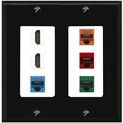 RiteAV 2 HDMI 4 Cat6 Ethernet Mixed Color Wall Plate - 2 Gang [Black/White]
