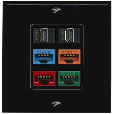 RiteAV 2 HDMI 4 Cat6 Ethernet Mixed Color Wall Plate - 1 Gang Decorative [Black/Black]