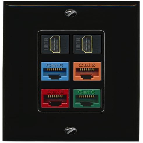RiteAV 2 HDMI 4 Cat6 Ethernet Mixed Color Wall Plate - 1 Gang Decorative [Black/Black]
