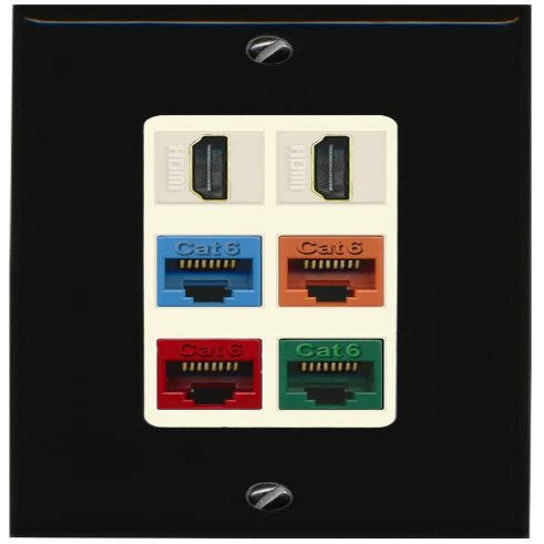 RiteAV 2 HDMI 4 Cat6 Ethernet Mixed Color Wall Plate - 1 Gang Decorative [Black/Light-Almond]