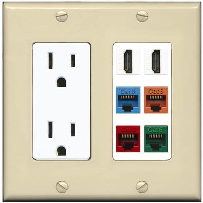 RiteAV 2 HDMI 4 Cat6 Ethernet Mixed Color Wall Plate - Outlet [Ivory/White]
