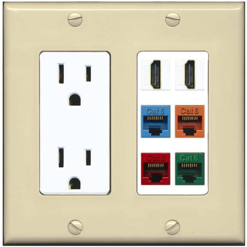 RiteAV 2 HDMI 4 Cat6 Ethernet Mixed Color Wall Plate - Outlet [Ivory/White]
