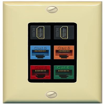 RiteAV 2 HDMI 4 Cat6 Ethernet Mixed Color Wall Plate - 1 Gang Decorative [Ivory/Black]