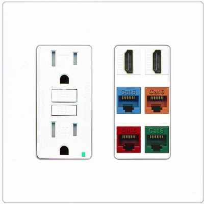 RiteAV 2 HDMI 4 Cat6 Ethernet Mixed Color Wall Plate - GFCI Outlet [Screwless White]