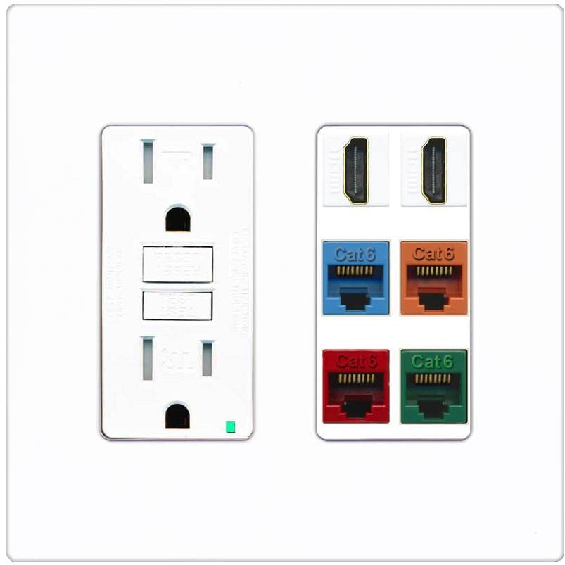 RiteAV 2 HDMI 4 Cat6 Ethernet Mixed Color Wall Plate - GFCI Outlet [Screwless White]