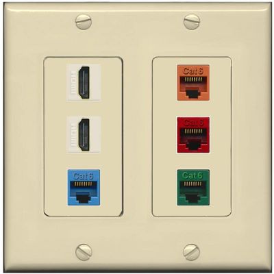 RiteAV 2 HDMI 4 Cat6 Ethernet Mixed Color Wall Plate - 2 Gang [Ivory/Ivory]