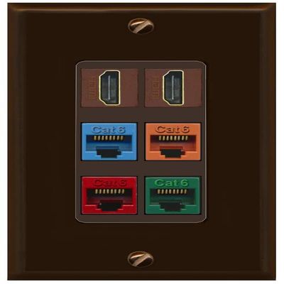 RiteAV 2 HDMI 4 Cat6 Ethernet Mixed Color Wall Plate - 1 Gang Decorative [Brown/Brown]