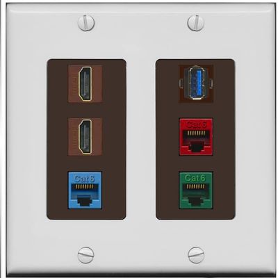 RiteAV 2 HDMI 3 Cat6 Ethernet USB3 Mixed Color Wall Plate - 2 Gang [Gray/Brown]