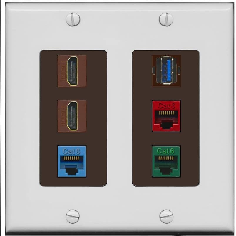 RiteAV 2 HDMI 3 Cat6 Ethernet USB3 Mixed Color Wall Plate - 2 Gang [Gray/Brown]