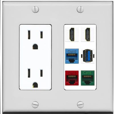 RiteAV 2 HDMI 3 Cat6 Ethernet USB3 Mixed Color Wall Plate - Outlet [Gray/White]