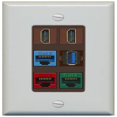 RiteAV 2 HDMI 3 Cat6 Ethernet USB3 Mixed Color Wall Plate - 1 Gang [Gray/Brown]