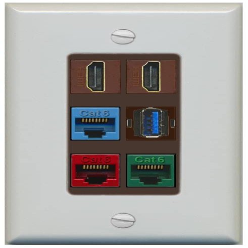 RiteAV 2 HDMI 3 Cat6 Ethernet USB3 Mixed Color Wall Plate - 1 Gang [Gray/Brown]