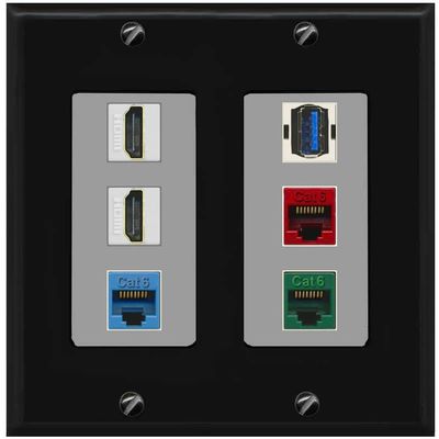 RiteAV 2 HDMI 3 Cat6 Ethernet USB3 Mixed Color Wall Plate - 2 Gang [Black/Gray]
