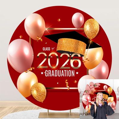 OERJU Red Graduation Round Backdrop Cover Class of 2026 Graduation Round Background Trencher Cap Balloon Congrats Grad Prom Party Decorations Circle Arch Backdrop Cover Photo Shoot Props 7.5x7.5ft